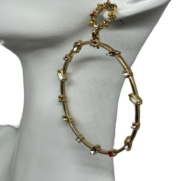 Glamorous Multicolor Crystal Hoop Earrings - Gold-Tone Statement Piece - Picture 3 of 6